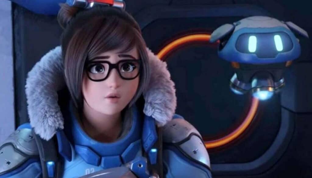 Mei in blue winter armor with Snowball drone in an Overwatch 2 cutscene