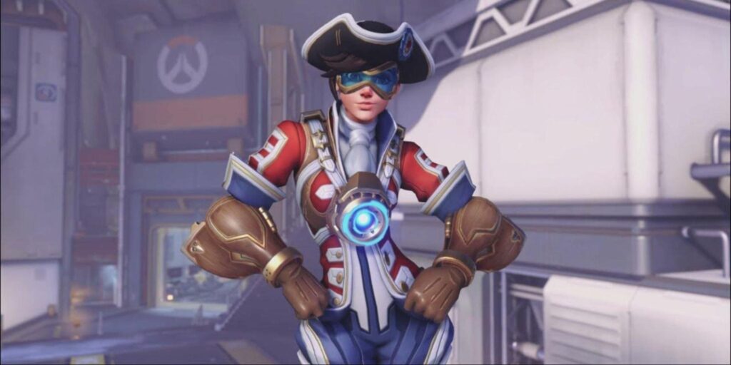 Lena in a futuristic pirate-themed outfit stands confidently, featuring a blue glowing device and intricate armor details.