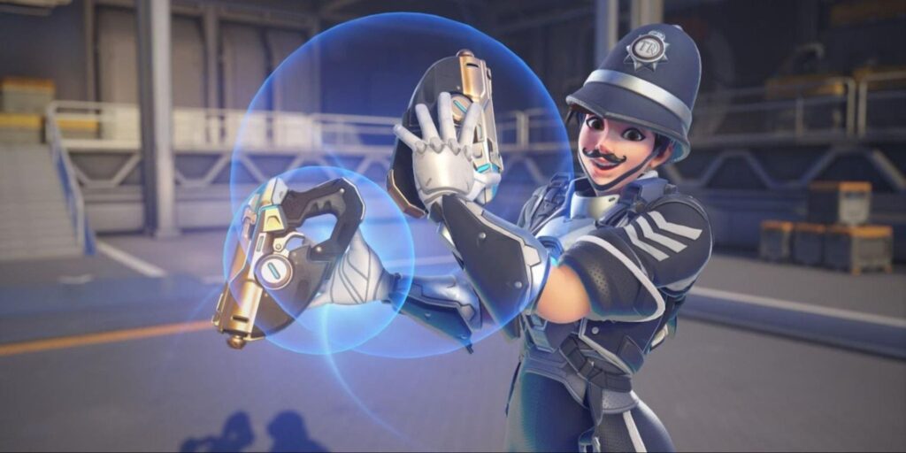Lena in a futuristic uniform holds a gadget, surrounded by glowing energy spheres, set in a high-tech environment.
