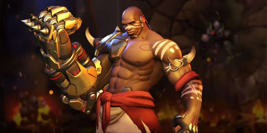 Overwatch 2 hero Doomfist with his armored gauntlet raised, standing in front of a shattered wall and glowing embers