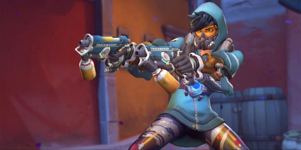 Lena in a blue hoodie aims two futuristic weapons, showcasing a bright, colorful design against a vibrant background.