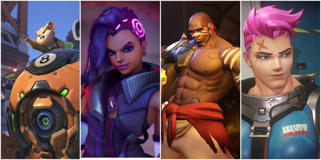 Overwatch 2 heroes Wrecking Ball, Sombra, Doomfist, and Zarya, who are among the most banned characters in competitive play