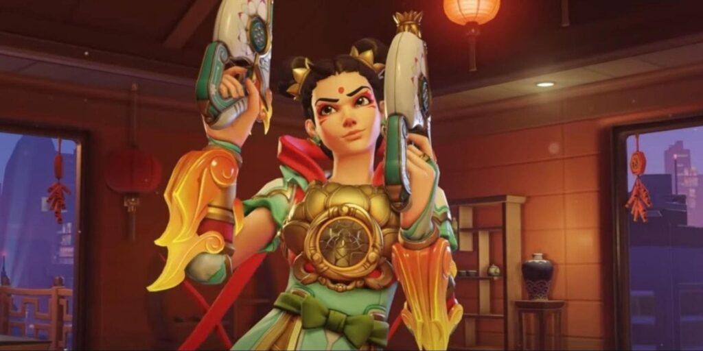 Lena in a vibrant outfit holds dual ornate pistols in an Asian-themed room, warmly lit with lanterns and decorative items.