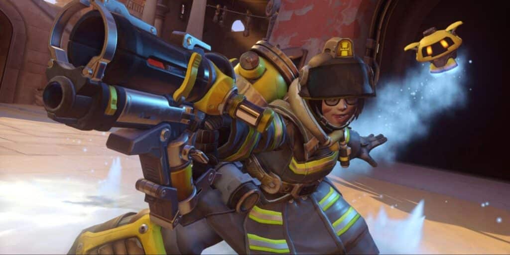 Mei in her Firefighter skin from Overwatch 2, wearing full rescue gear with a visor and yellow-striped uniform