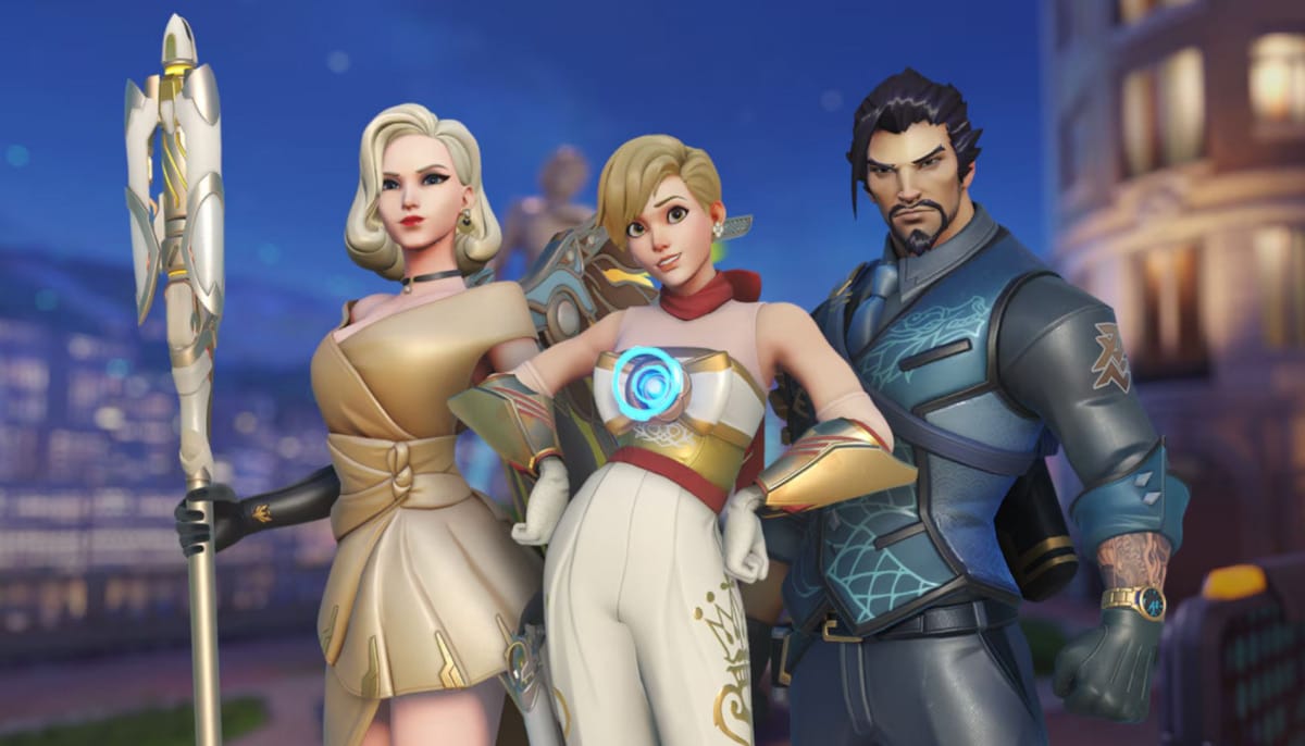 Mercy, Tracer and Hanzo in a futuristic setting, featuring elegant costumes and dynamic poses with a city backdrop