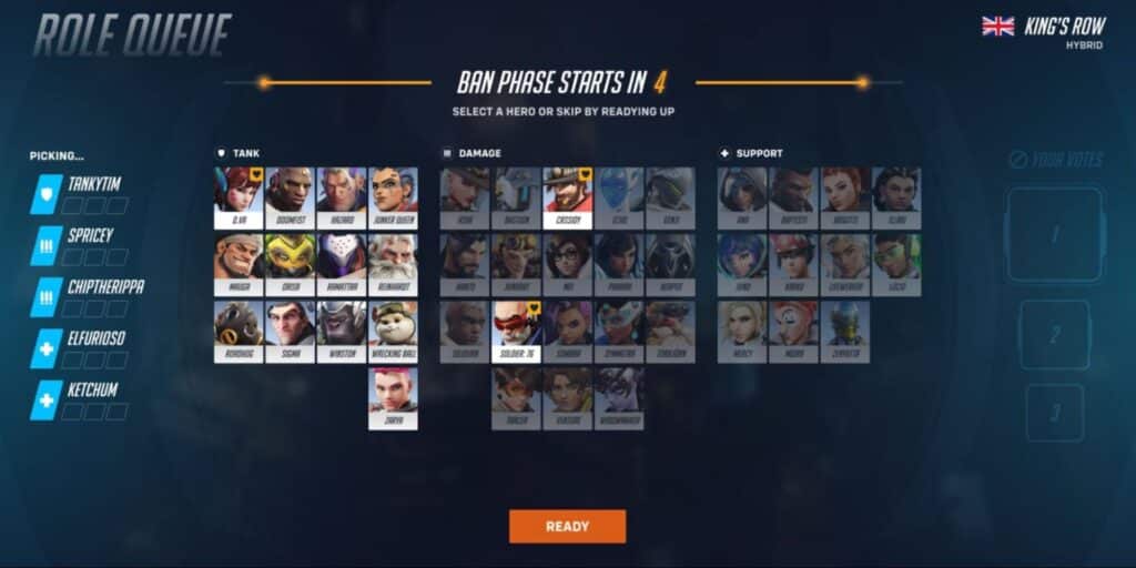 Overwatch 2 hero selection during the ban phase in competitive role queue, showing tanks, damage, and support heroes with voting in progress