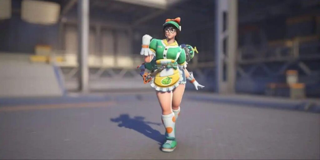 Mei in her Honeydew skin from Overwatch 2, wearing a green and white waitress outfit with an apron and bow