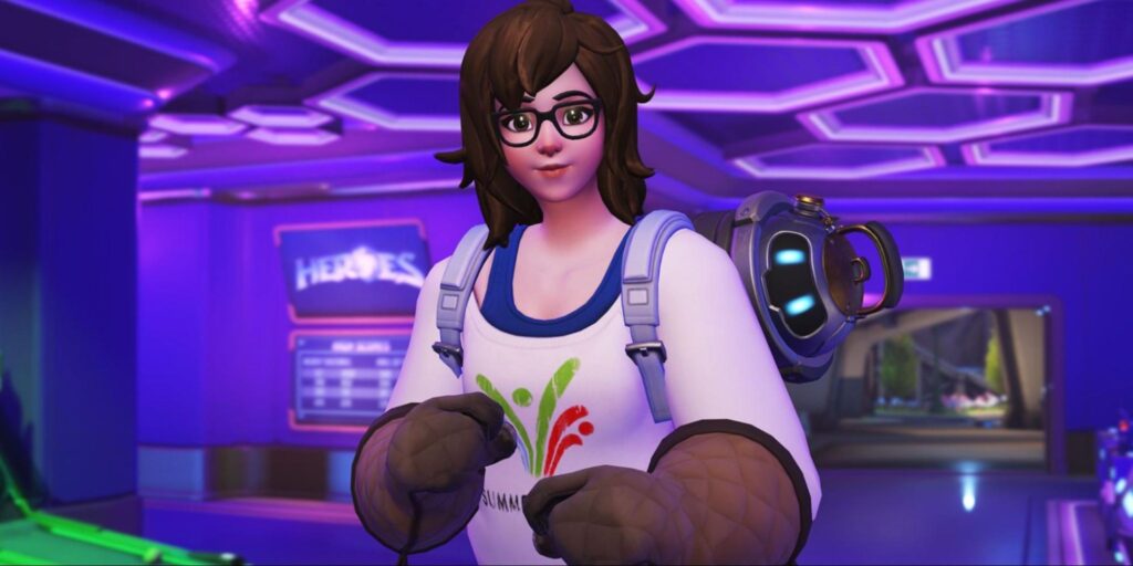Mei in her Pajamei skin from Overwatch 2, wearing a tank top and backpack in a neon-lit arcade setting