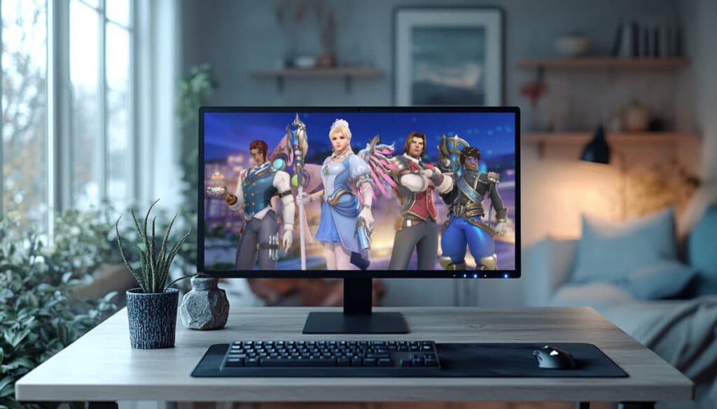 A desktop monitor in a cozy home office displaying Overwatch 2 characters in Palace Royals skins, including Mercy, Lifeweaver, Lucio, and Hanzo.