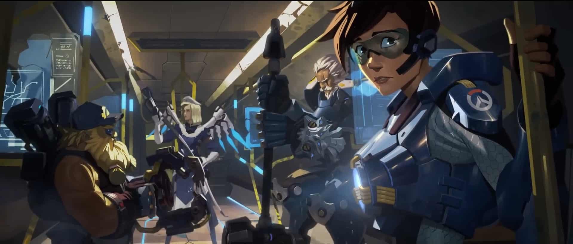 A team of futuristic characters of Overwatch in a subway, each wearing unique armor and wielding advanced technology, amidst a high-tech environment.