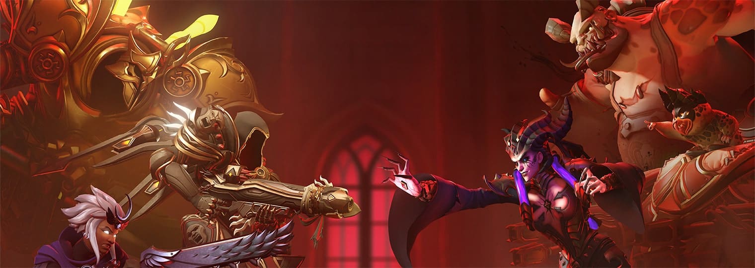 Two fierce fantasy characters of Overwatch 2 face off, surrounded by dark, atmospheric lighting and intricate armor details, hinting at impending battle.