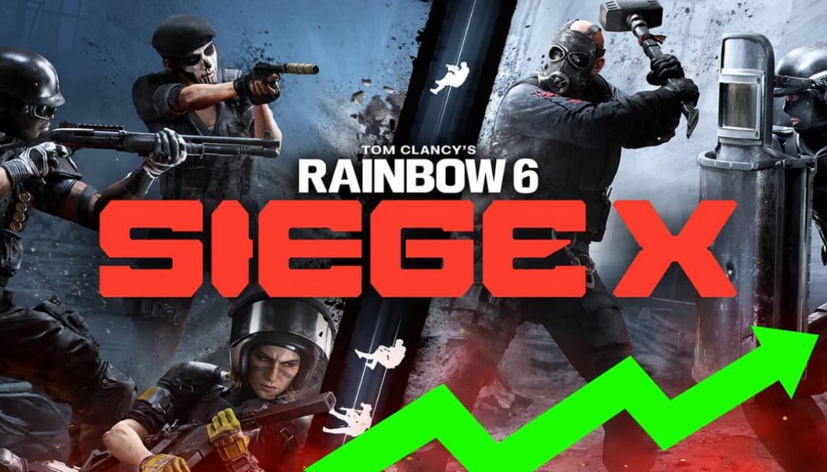 A dynamic action scene featuring operators from Rainbow Six: Siege, with dramatic graphics and a prominent upward arrow indicating success