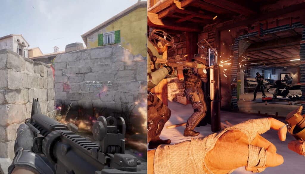 A split-screen image of a first-person shooter video games: Rainbow Six Siege on the right and CS2 on the left