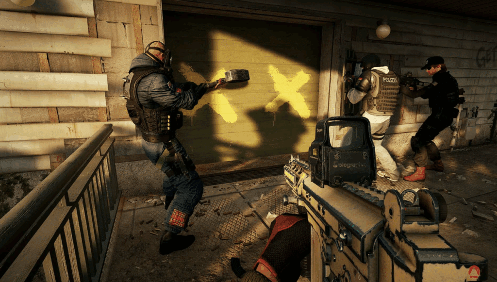 Siege X gameplay with Sledge, Blitz, and Ash breaching a barricade