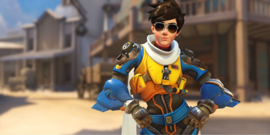 Lena in a colorful, futuristic outfit with mechanical gear, standing confidently in a western-style town setting.
