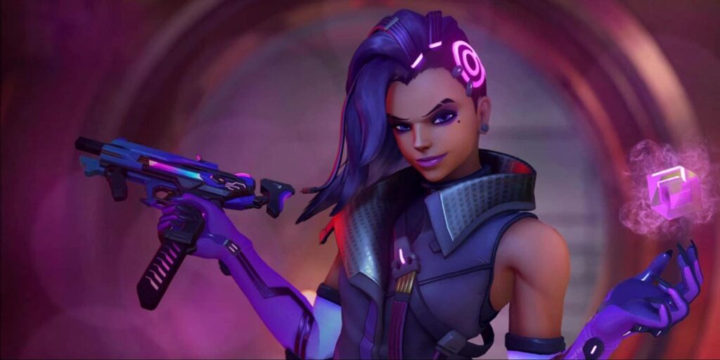 Overwatch 2 hero Sombra holding a gun and a glowing purple cube
