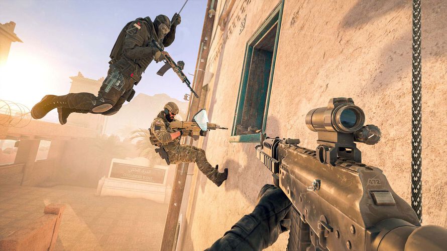 Two Rainbow Six Siege operators rappel down a building while aiming weapons