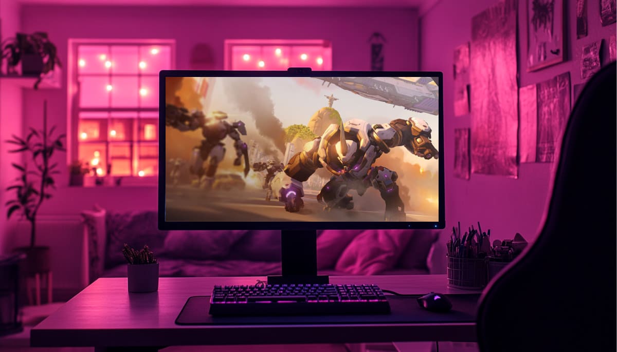 A gaming monitor displays an Overwatch 2’s Invasion mission set in a stylish pink-lit room with plants and desk accessories.