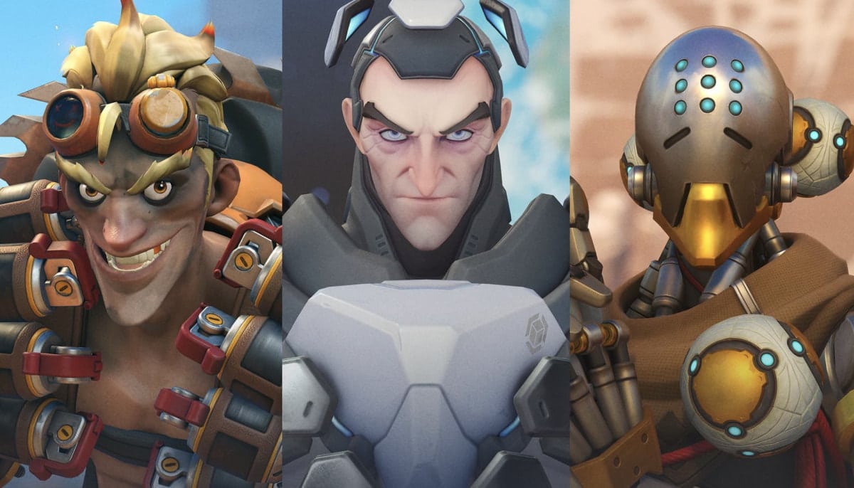 Three stylized Overwatch characters: Junkrat, Sigma and Zenyatta