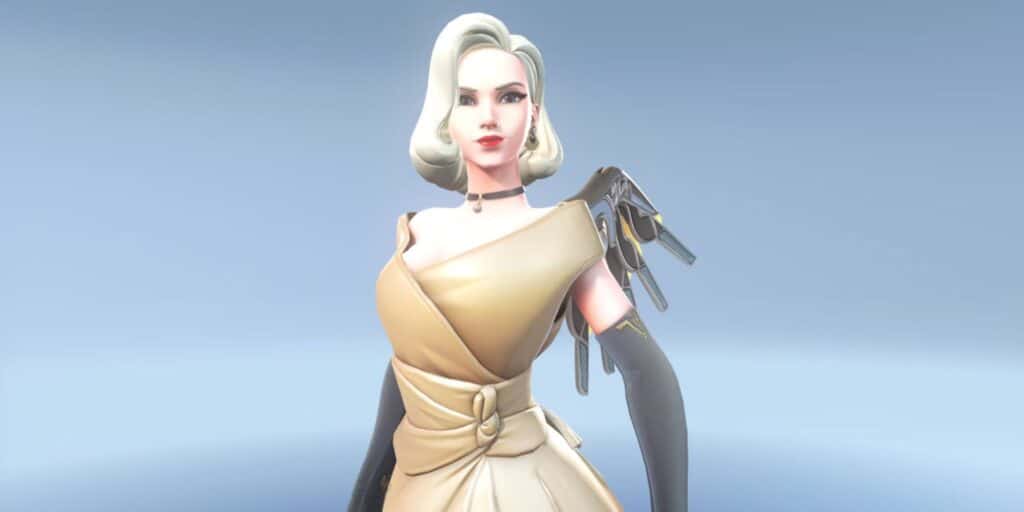 Mercy in an elegant, off-the-shoulder gown, adorned with black gloves