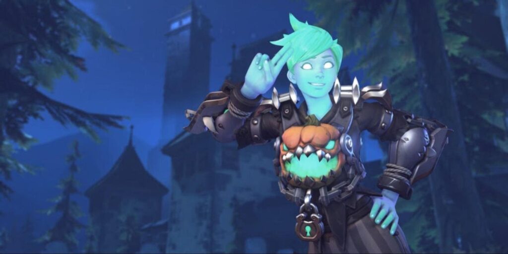 Lena in dark armor with a glowing pumpkin chest piece poses dramatically against a night landscape with trees.
