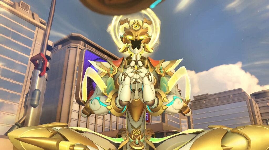 Zenyatta meditating with glowing accents and a halo, set against a modern cityscape backdrop