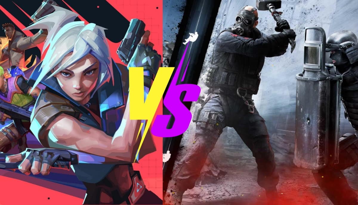 Split image with VALORANT character on the left and Rainbow Six Siege operators on the right, separated by a bold "VS" in the center