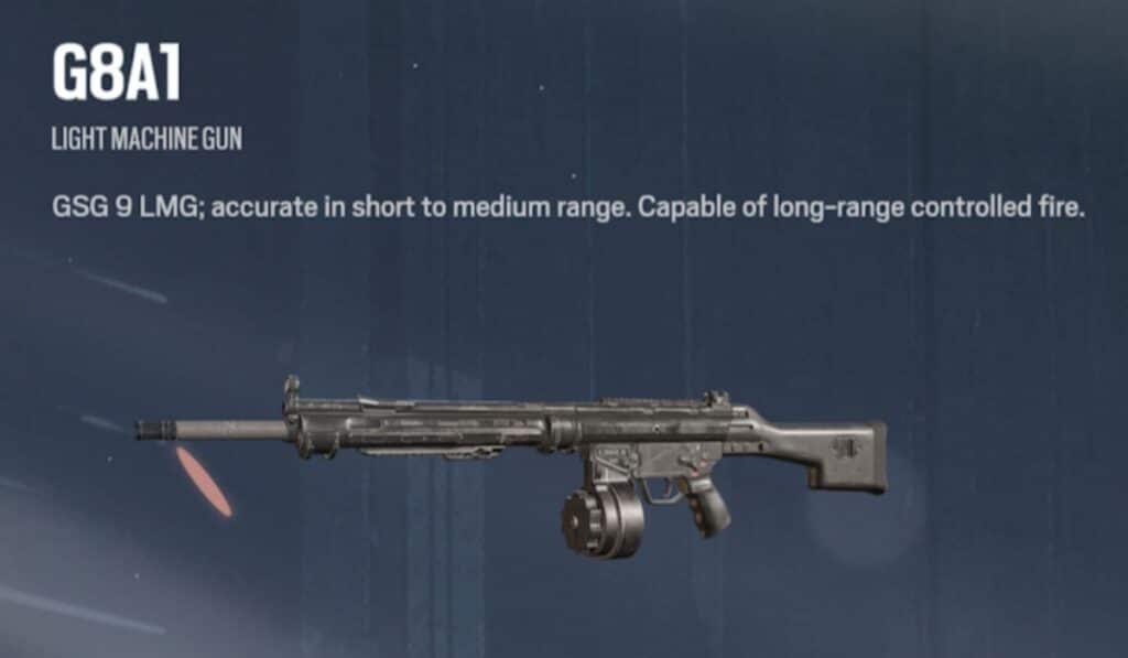 G8A1 light machine gun image with specs. Dark background. Highlights accuracy in short to medium range and long-range controlled fire capability