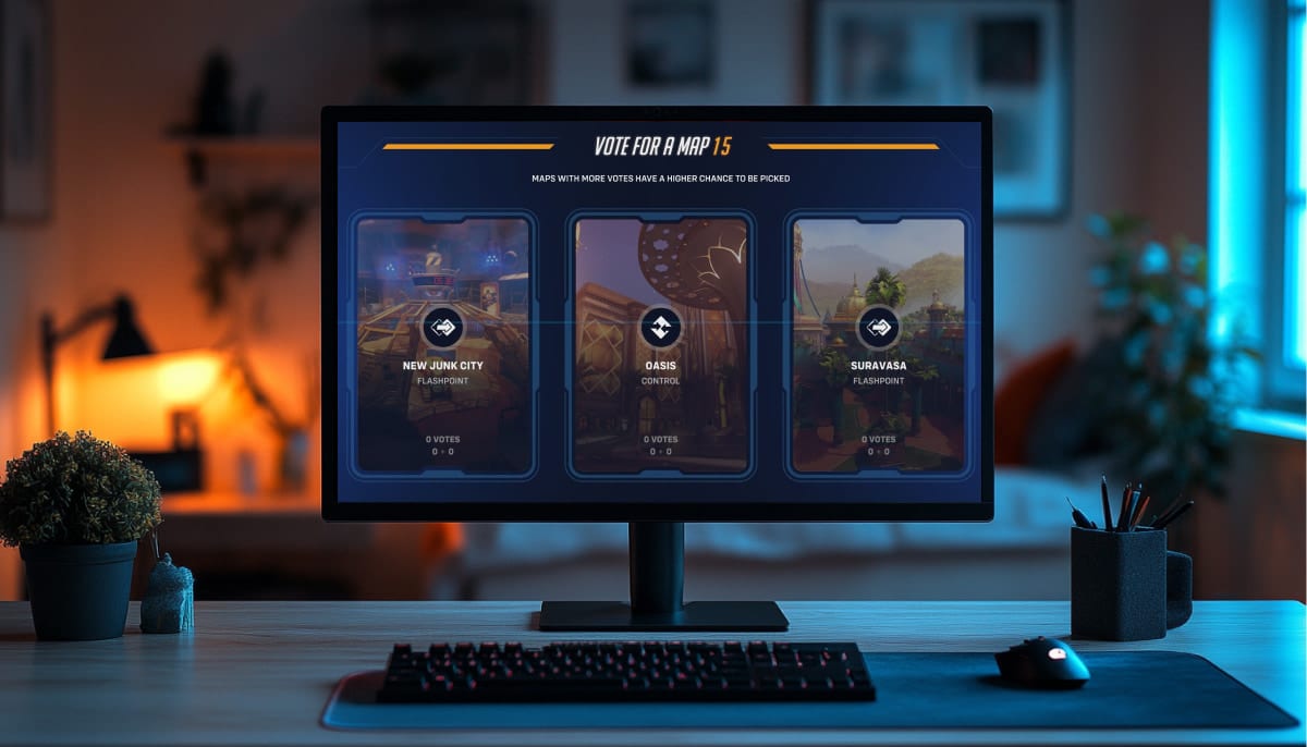 A computer screen in a cozy, dimly lit room displays Overwatch 2 map vote with three options: New Junk City, Oasis, and Suravasa