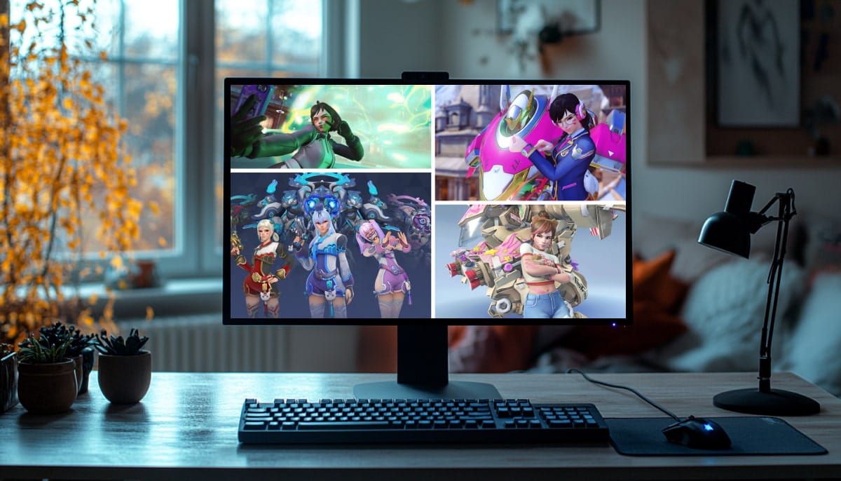 A computer monitor on a desk displays different skins for D.Va from Overwatch 2