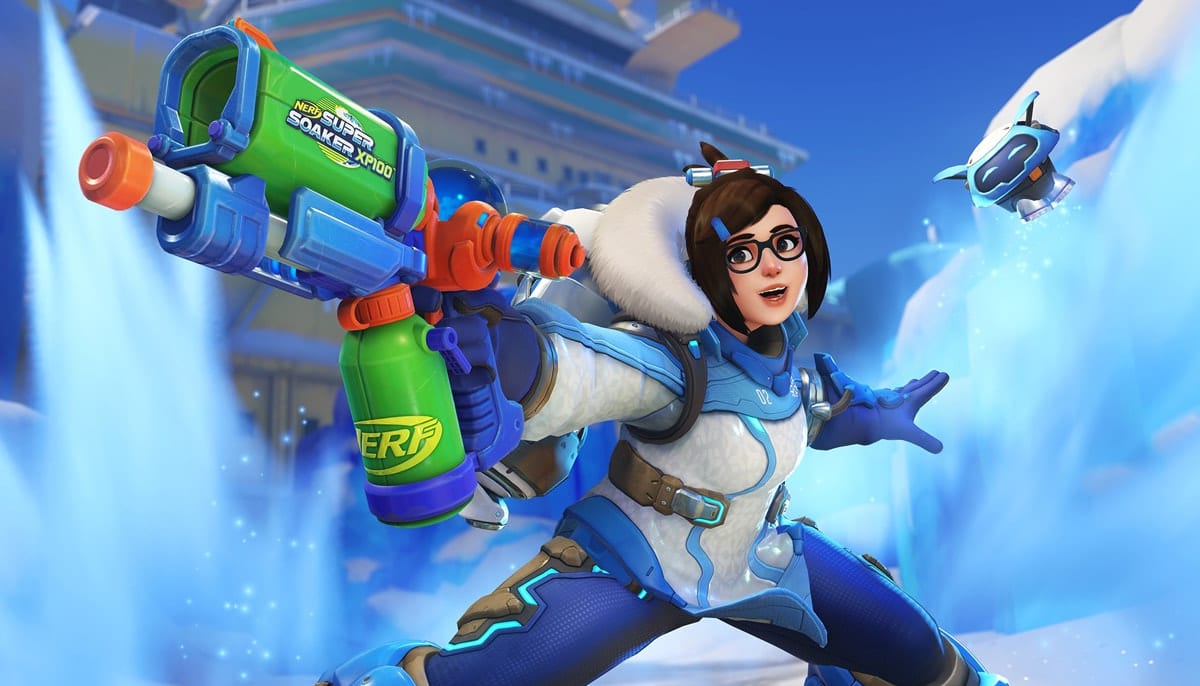 A character in a blue and white winter outfit wields a colorful Nerf Super Soaker