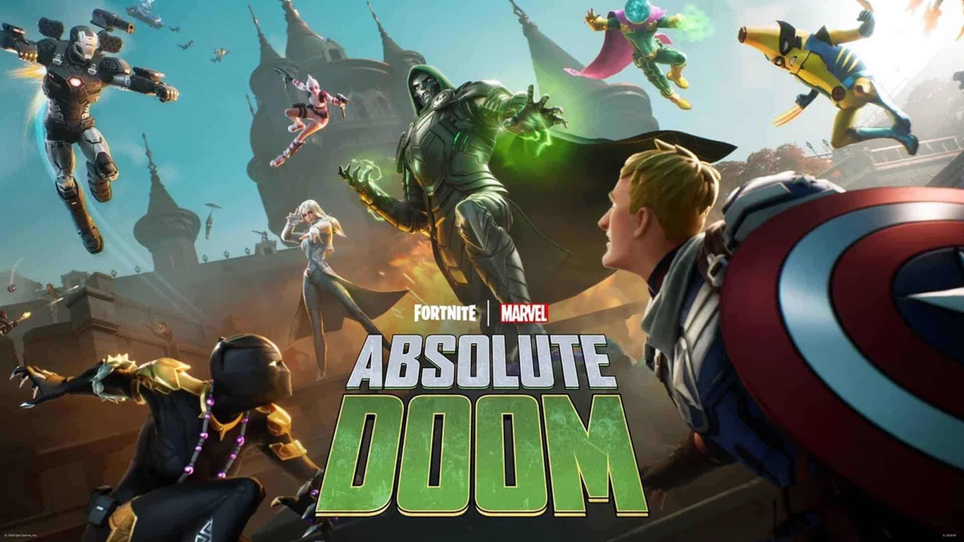 A group of superheroes confronts a villain in a medieval setting. The image features dynamic action and vibrant colors, with "Fortnite Marvel Absolute Doom" text