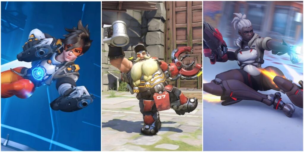 Overwatch 2 DPS heroes Tracer, Torbjörn, and Sojourn