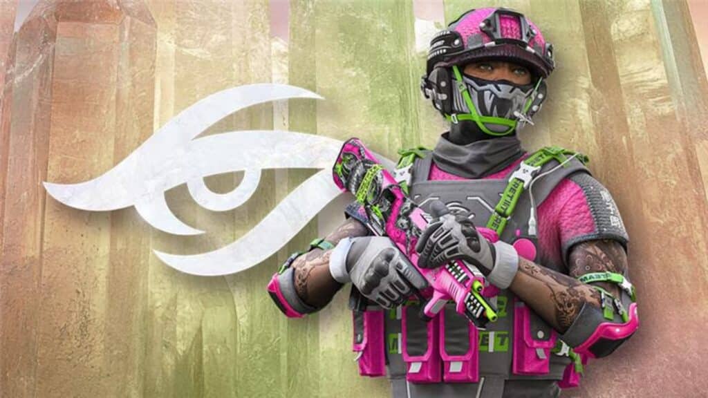 Image of Team Secret Rainbow Six Siege X bundle on an orange and green background. A white Team Secret logo is on the left of the image in the background