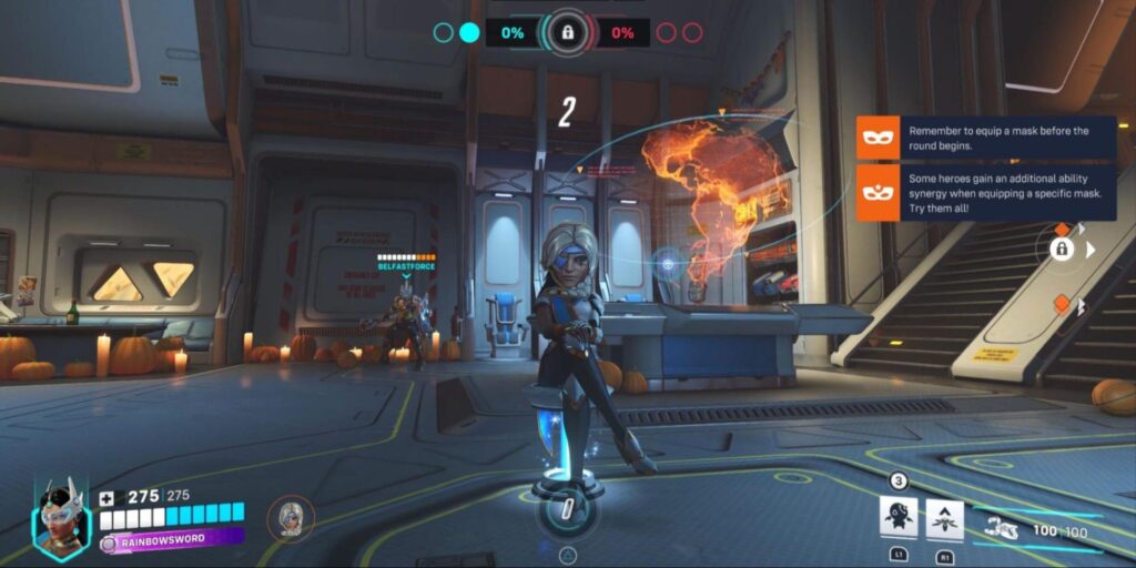 Overwatch 2 character stands confidently in a futuristic room, surrounded by pumpkins and glowing tech screens