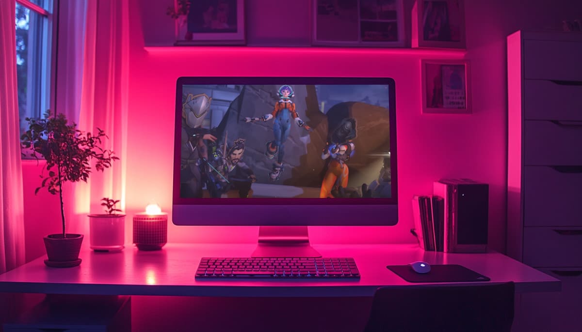 A computer screen displaying Overwatch 2 scene on a desk, bathed in pink light