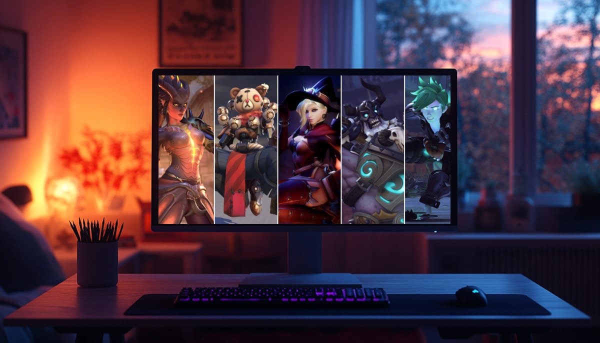 Computer monitor with a display of five vibrant Overwatch 2 characters