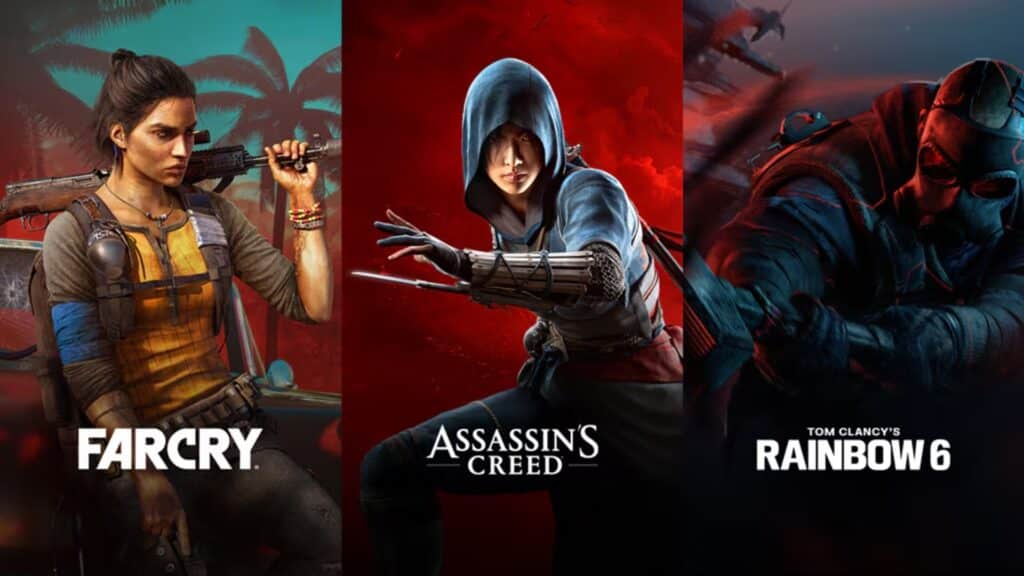 Image of Far Cry, Assassin's Creed and Rainbow Six character posing on red background underneath the Far Cry, Assassin's Creed and Rainbow Six logos